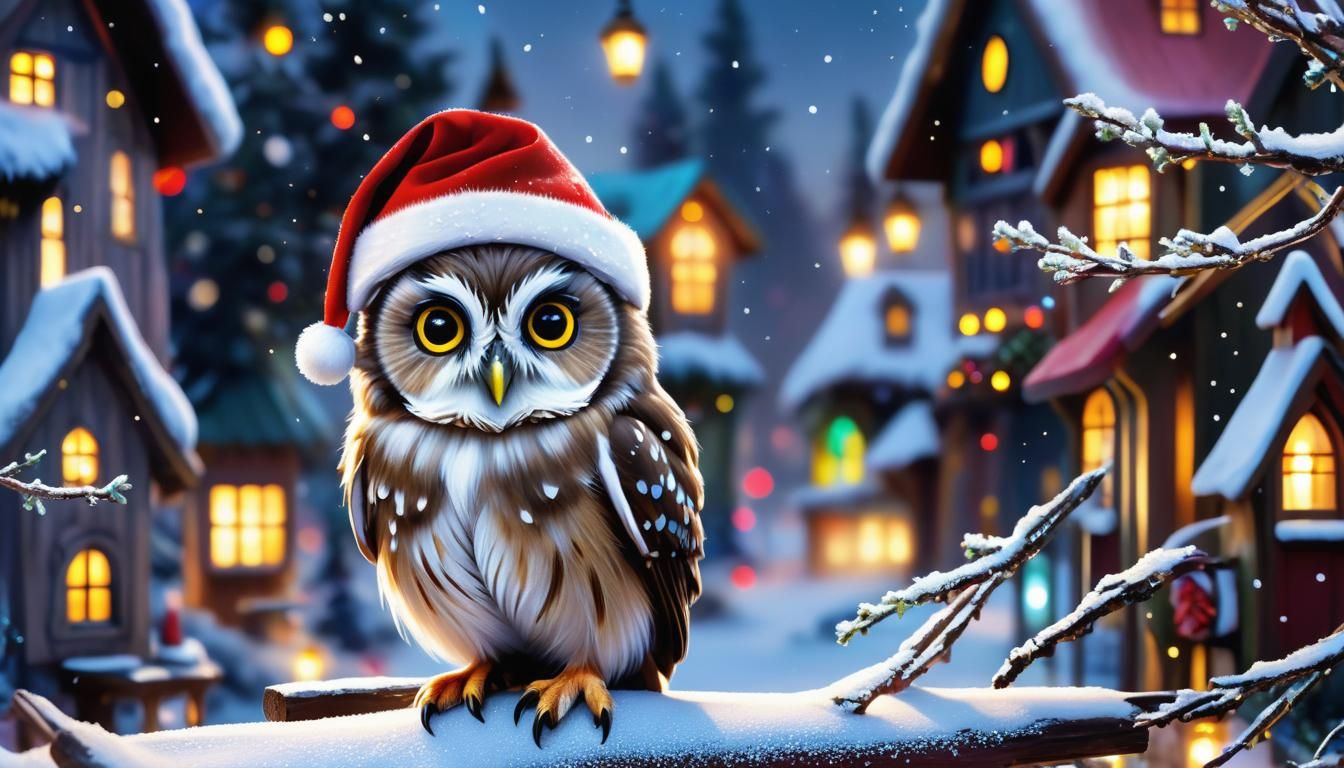 Magical Baby Saw-Whet Owl in Festive Christmas Village