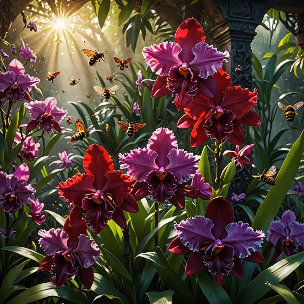 Orchids in a Garden with Bees