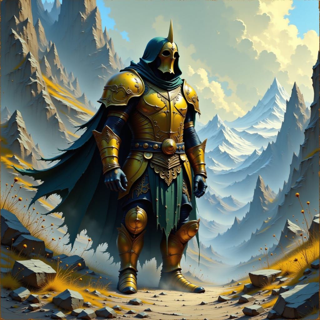 Mystical Warrior in Ancient Landscape, Dramatic Lighting