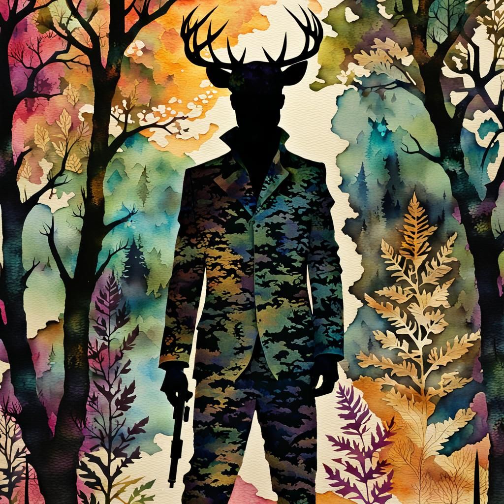Camouflaged Figure in Sinister Forest: Vintage Watercolor