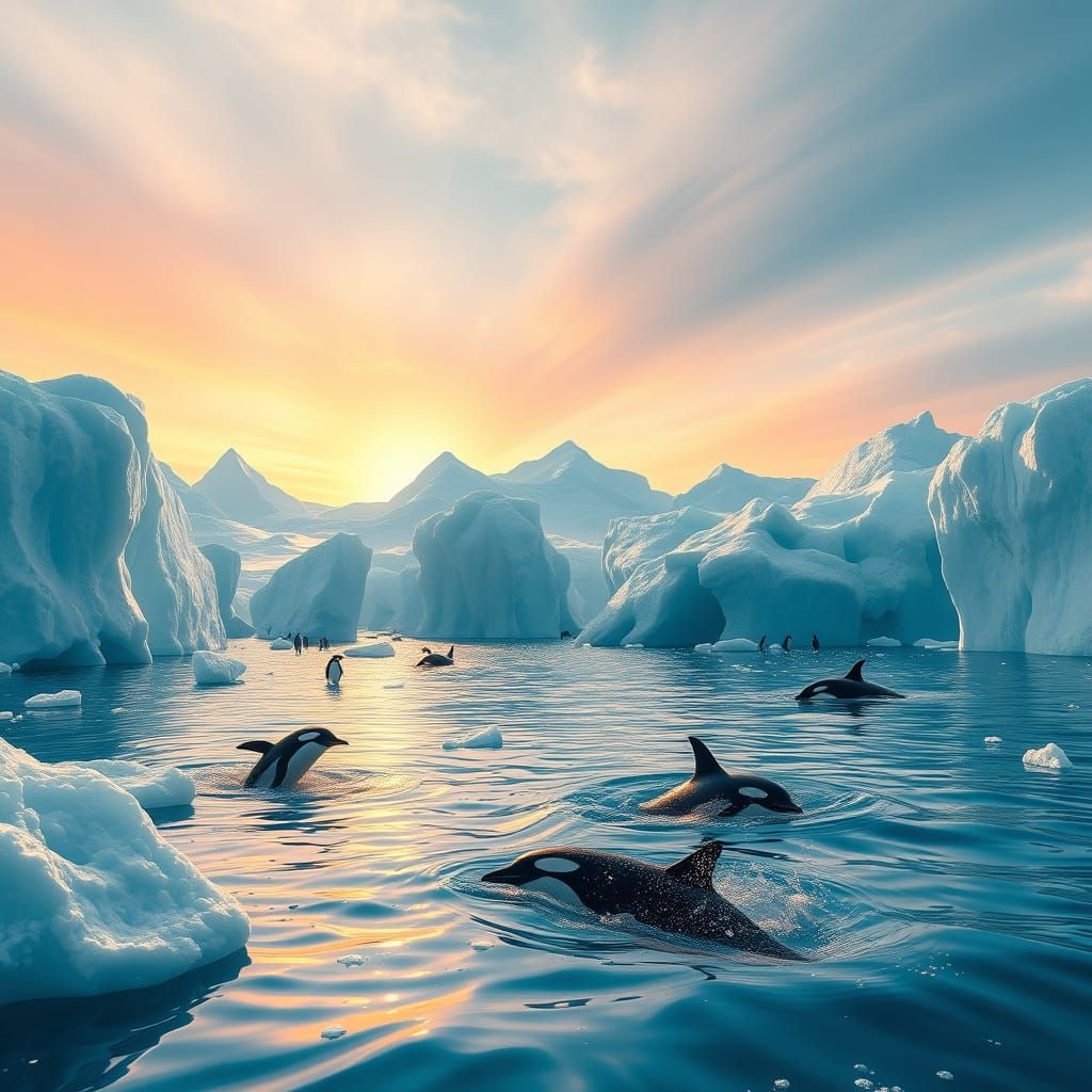 Breathtaking Antarctic Landscape with Glittering Ice, Dancin...