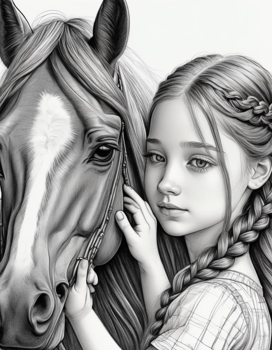 Girl and Horse: Tender Moment in Pencil Drawing