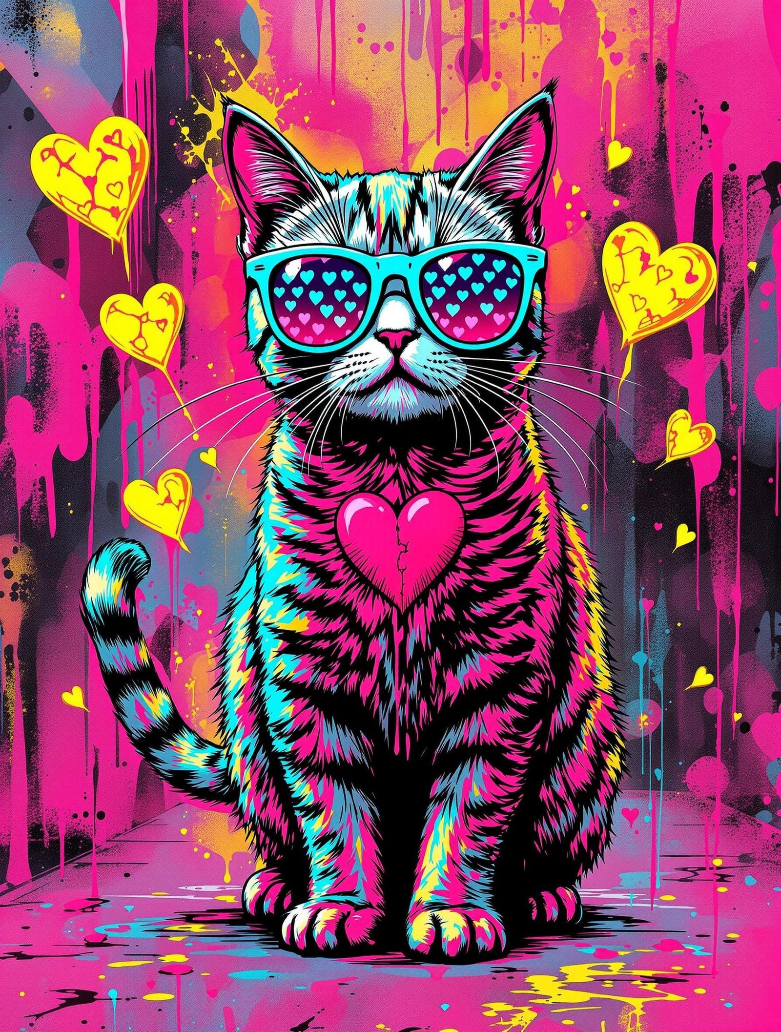 Sassy Feline Heartbreaker in Rhythmic Neon Graffiti Style