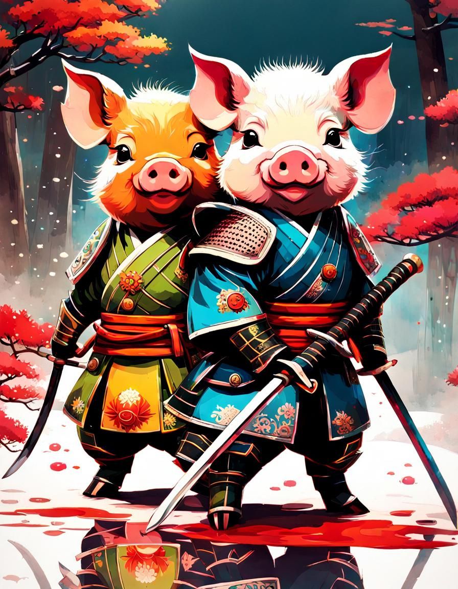 Adorable Chibi Samurai Pigs Couple in Detailed Splash Art