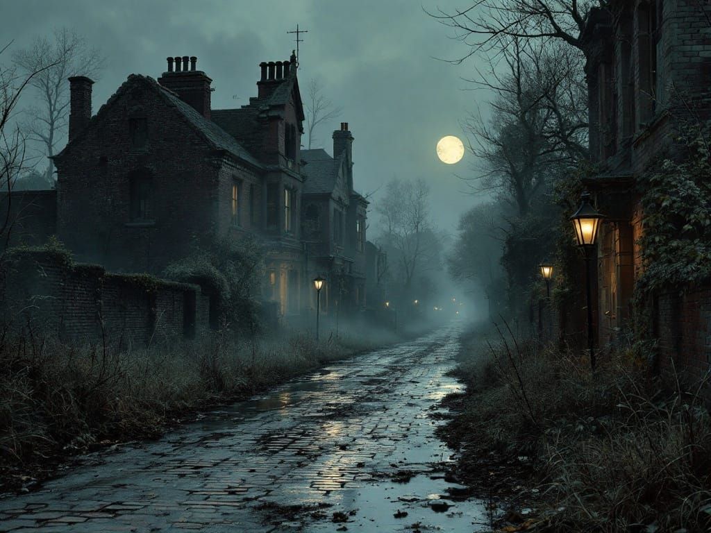 Desolate Victorian Street Under Autumn Moonlight