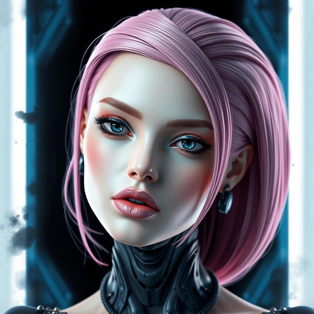 Elegant Cyberpunk Woman with Porcelain Skin and Circuits