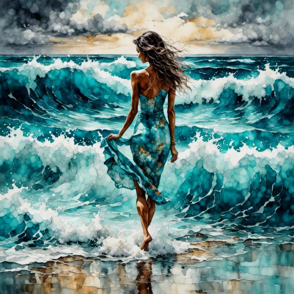 Woman in Ocean: Ink Drawing Style