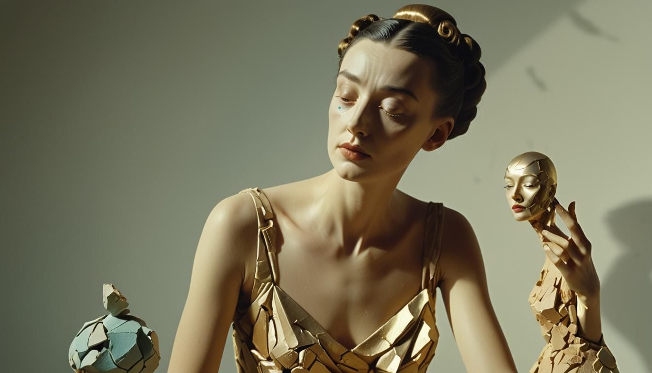 Surrealist Woman Sculpting Clay in Soft Golden Light