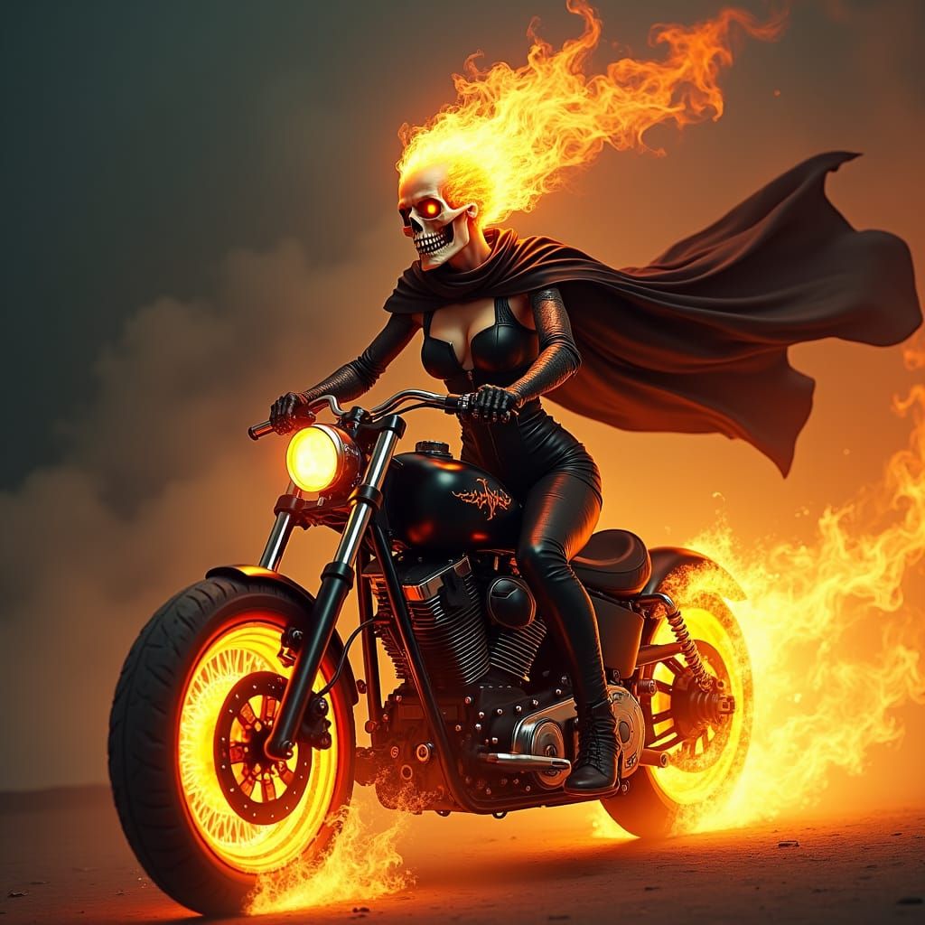 Lady Death as Ghost Rider on Fiery Bike