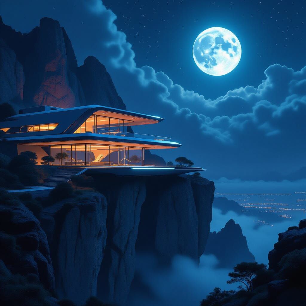 Futuristic Cliffside Villa Under a Luminous Moon