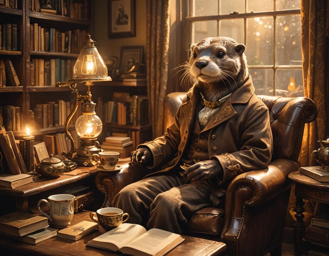 Steampunk Otter Reading Book in Cozy Armchair