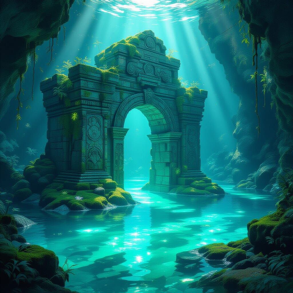 Bioluminescent Lagoon Temple: A Photorealistic Painting