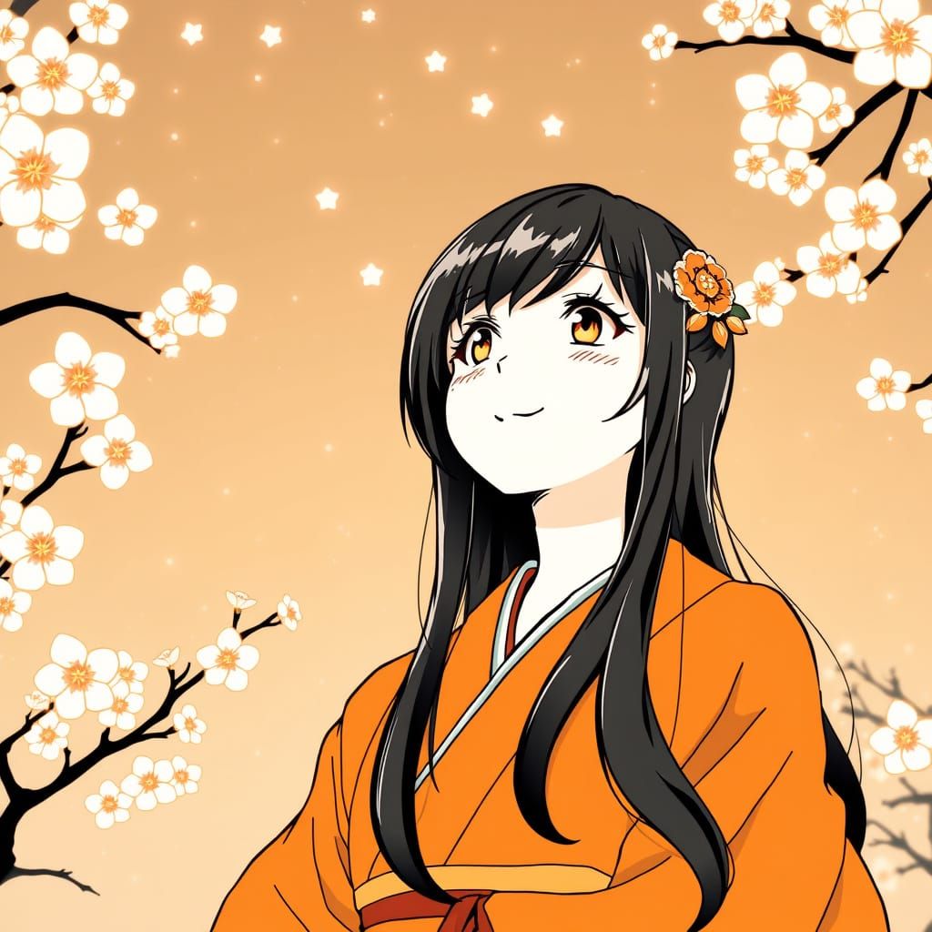 A Smiling Woman in Cherry Blossoms, in Anime Style