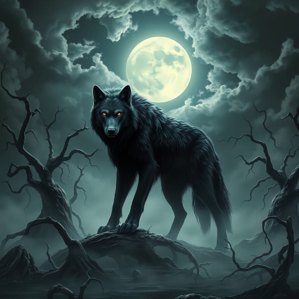 Majestic Werewolf in Misty Swamp Under Moon