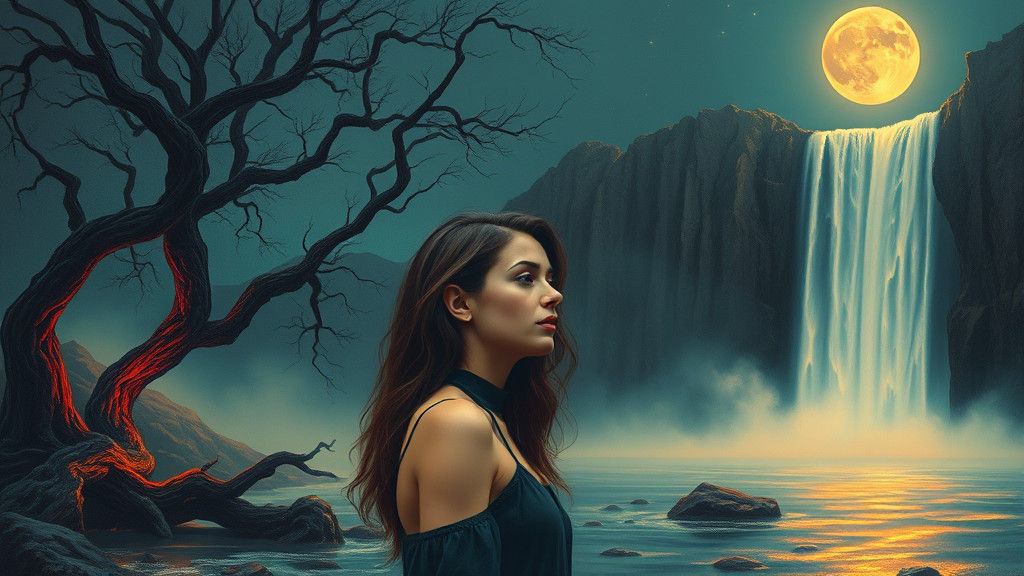 Mystical Woman by Moonlit River in Fluorescent Impasto