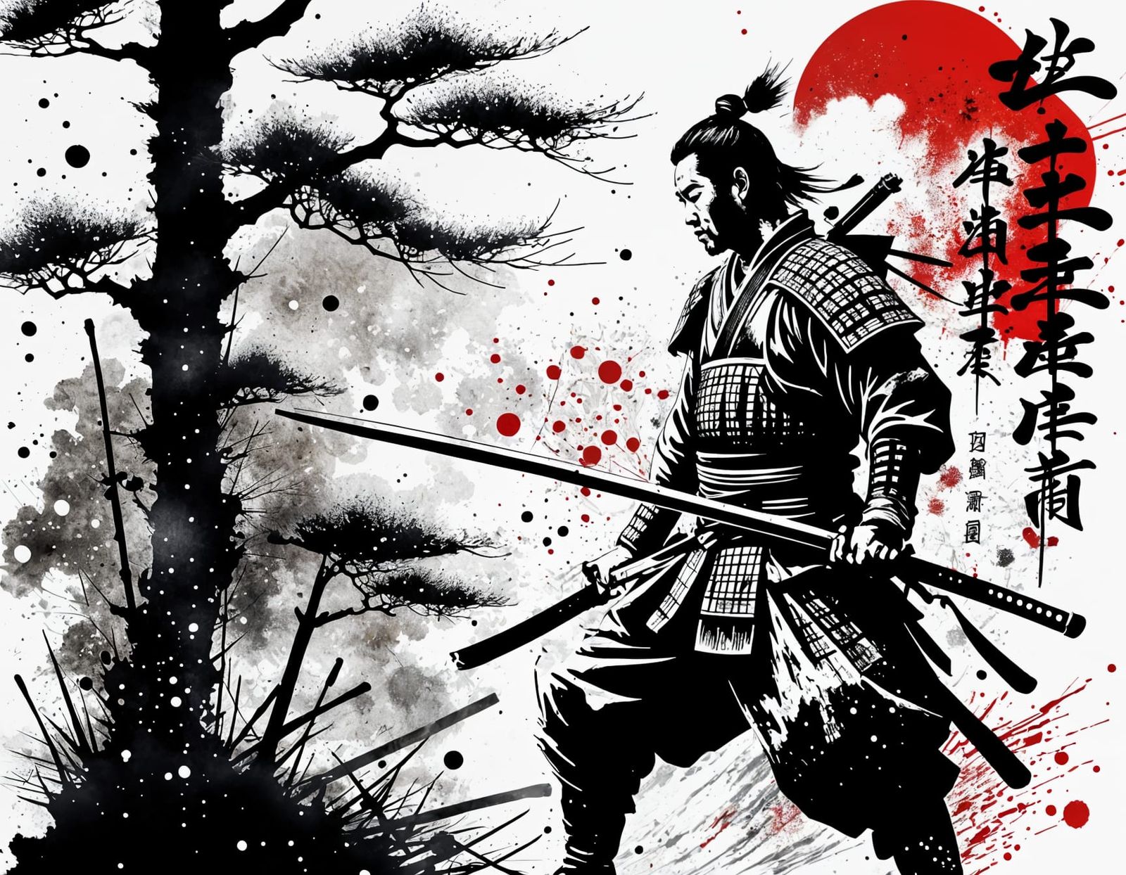 Samurai Warrior in Ink Splatter Style