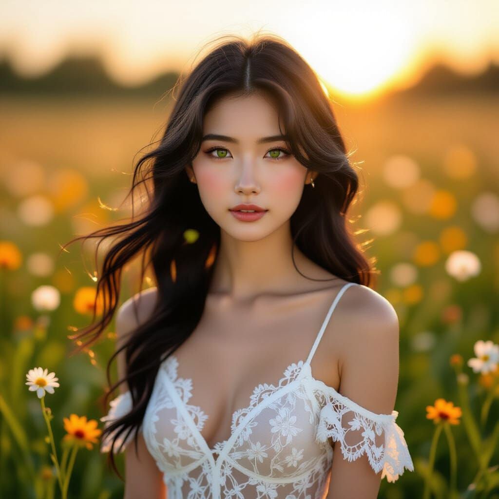 Japanese Woman in Wildflower Field at Dawn
