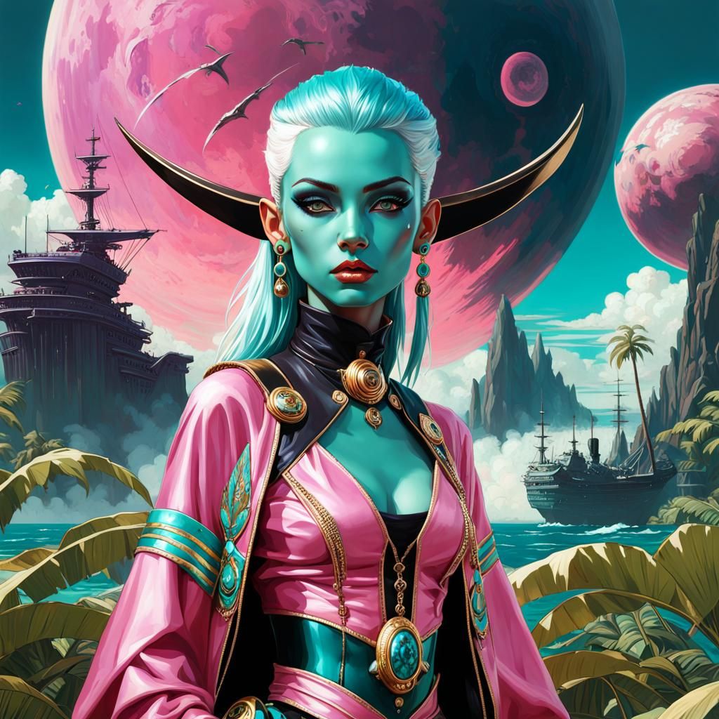 Turquoise Alien Pirate Captain Portrait in Art Nouveau Style