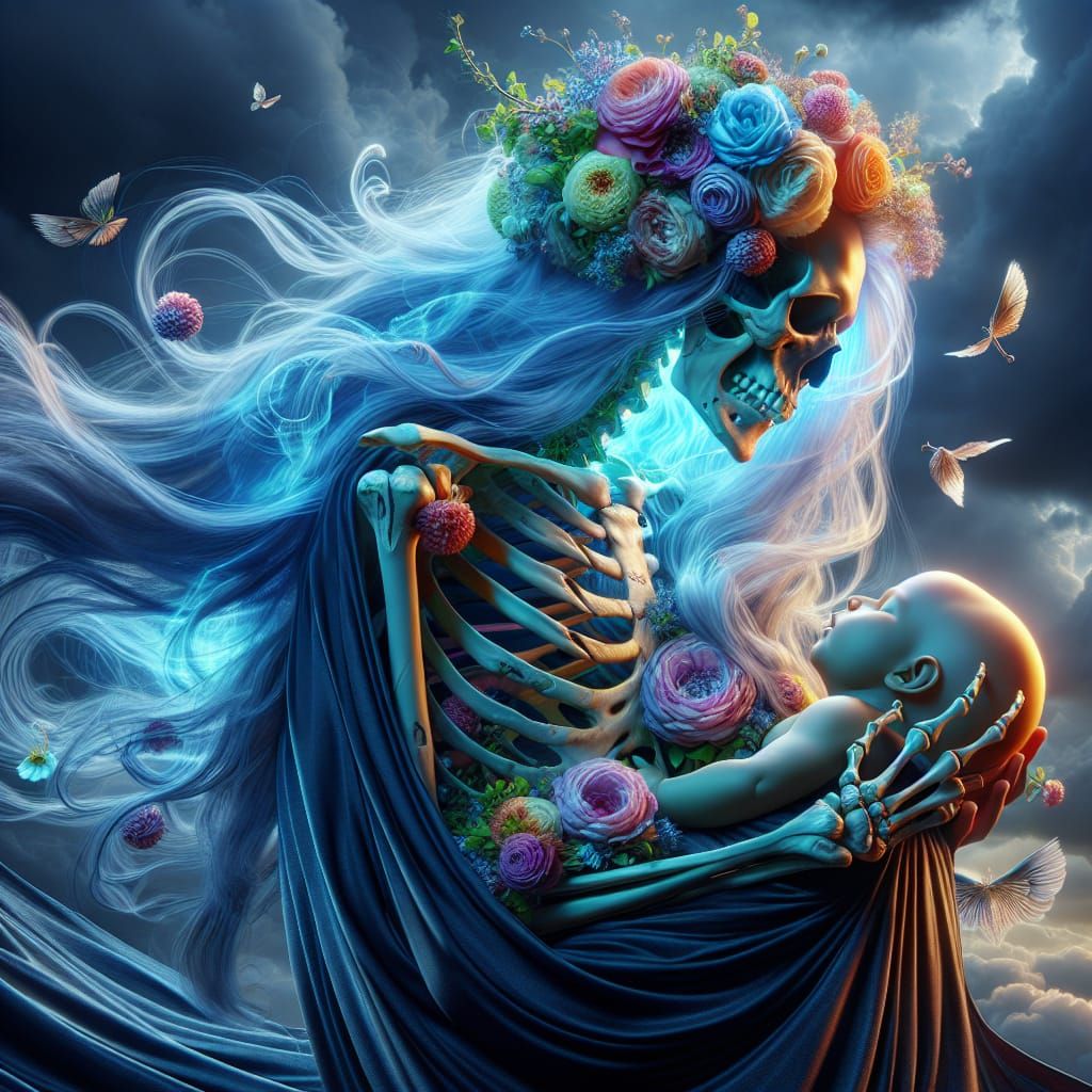 Skeleton Embracing Cherubic Baby in Dreamlike Stormy Scene