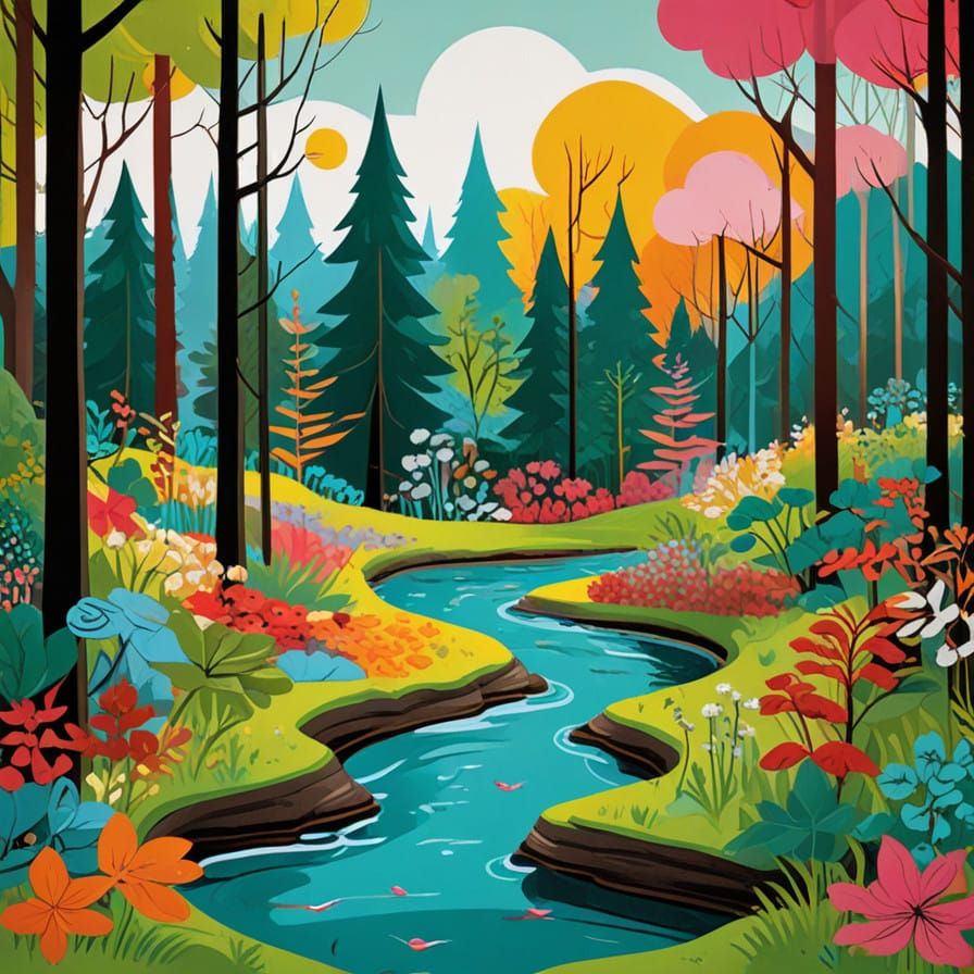 Whimsical Springtime Forest Landscape Painting