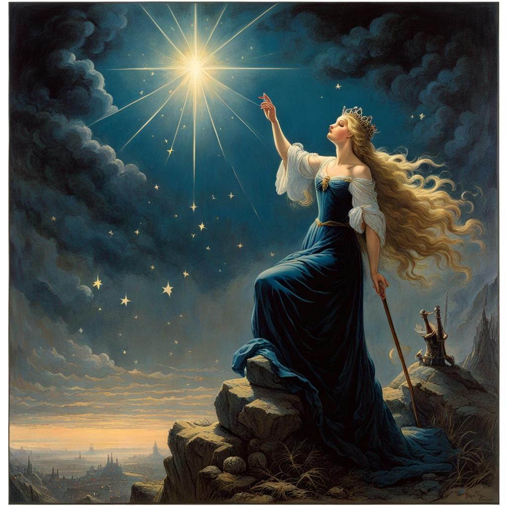 Princess Plucking a Star, Dark Fantasy Illustration