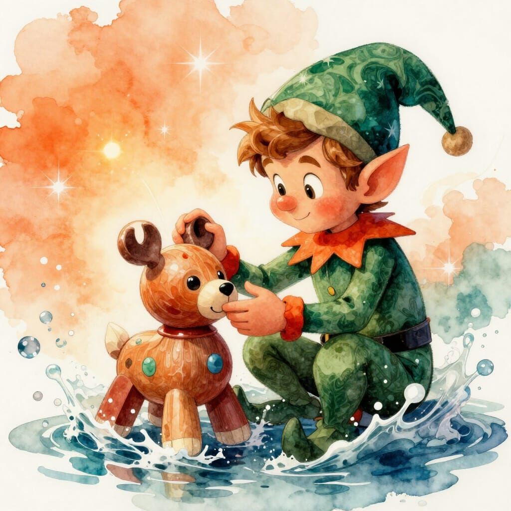 Elf Artist Creates Christmas Toy in Watercolor Style