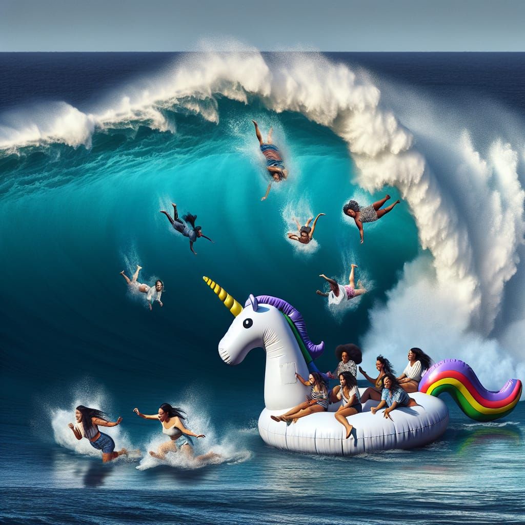 Inflatable Unicorn Capsizes Under Colossal Wave
