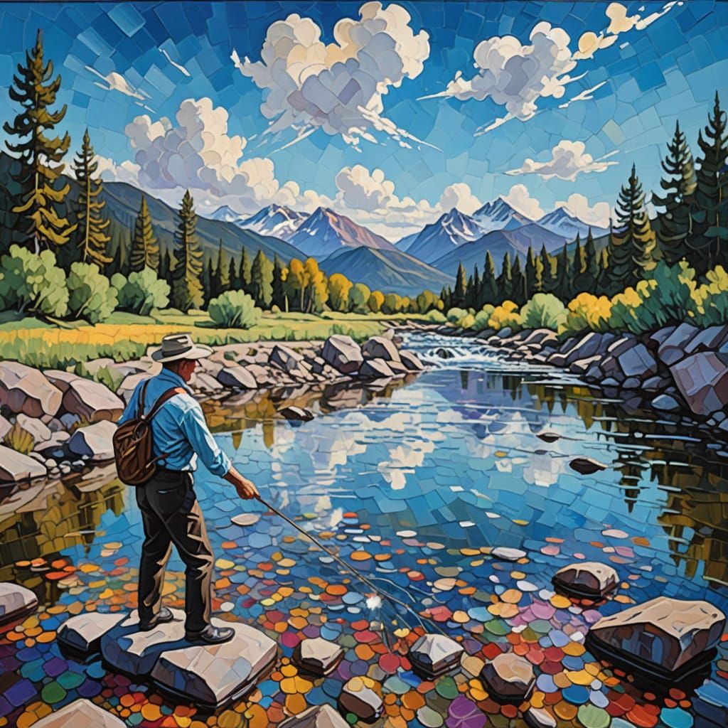 Fisherman in Montana Stream, Expressive Magical Realism Pain...