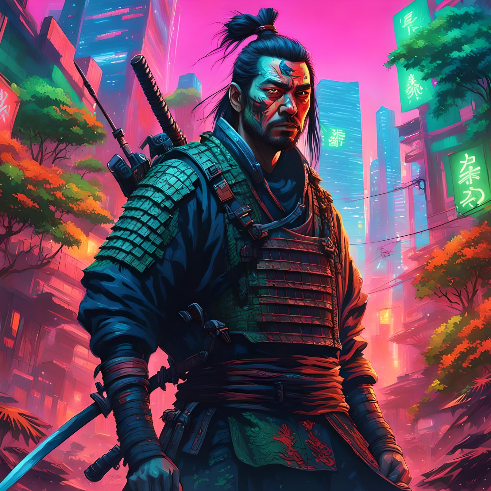 Samurai Warrior in Neon Jungle Cityscape