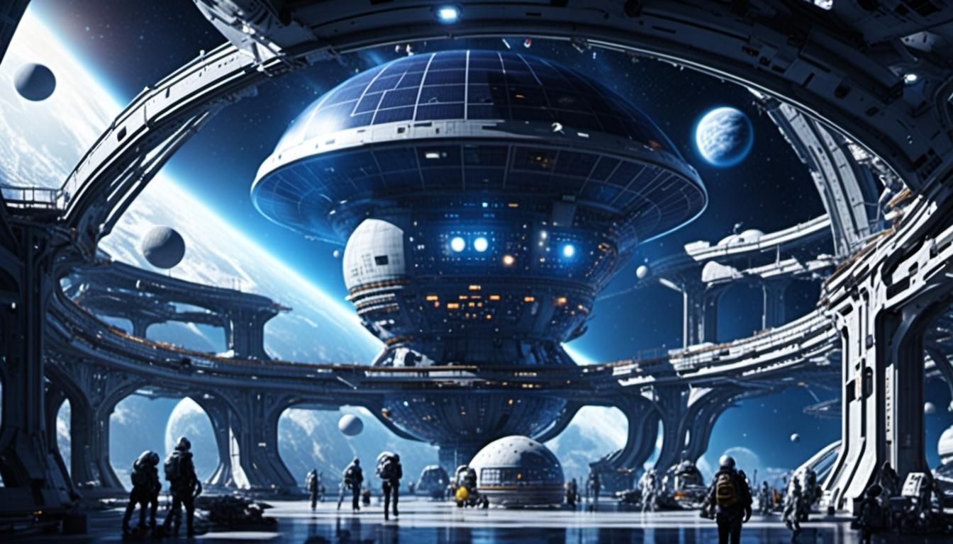 Futuristic Space Stations Floating in Solar System