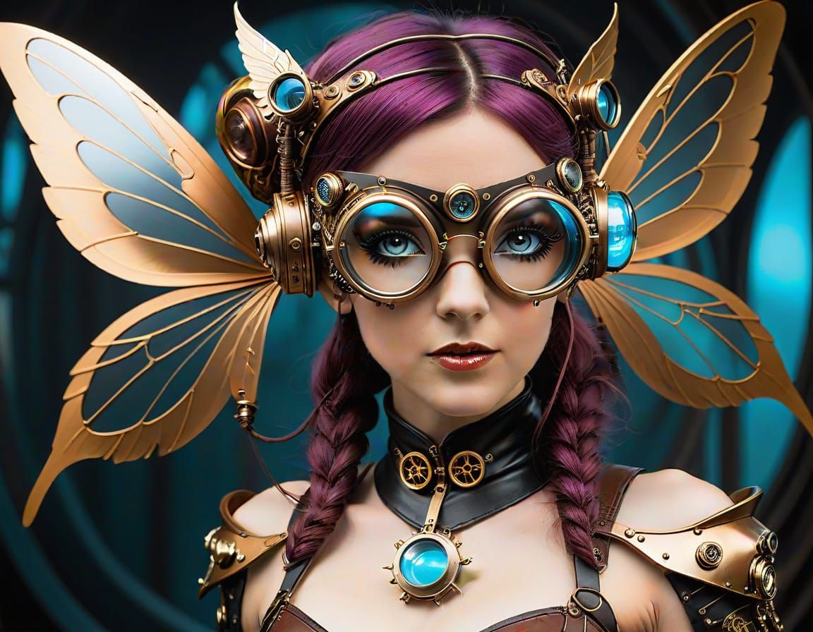 Steampunk Fairy with Goggles in Cyberpunk Scene