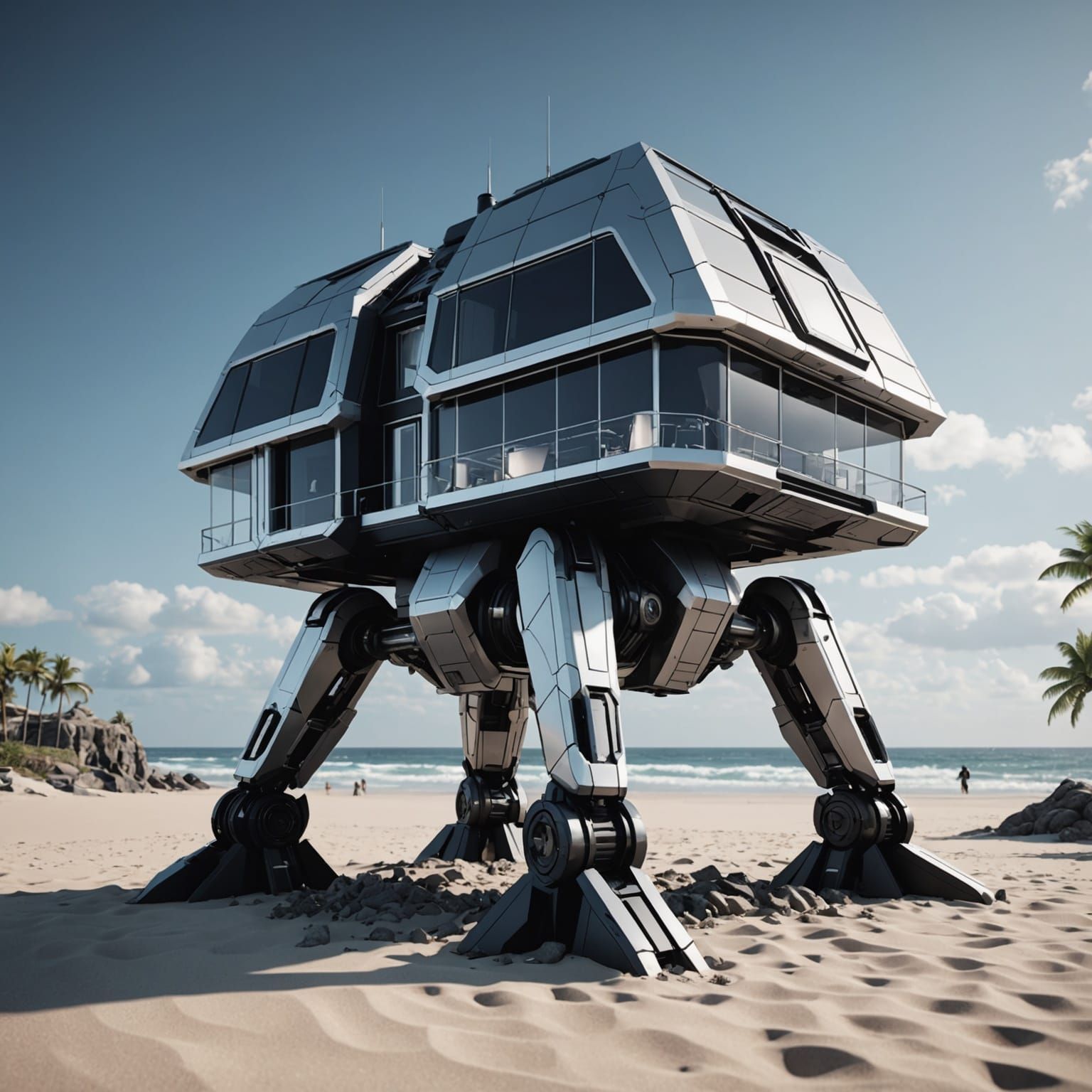 Futuristic Black and White Beach House with Mech Details