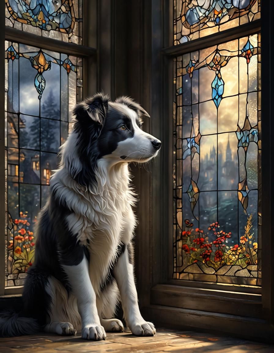 Border Collie Puppy Waiting at Stained-Glass Window