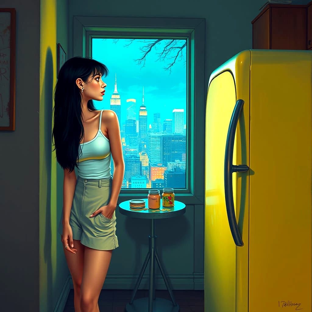 Girl Lost in 1960s Kitchen with Graffiti Refrigerator