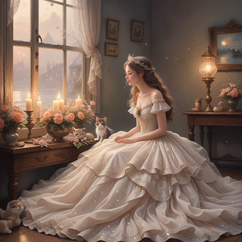 Dreamy Sunrise with Kitten in Anime Style