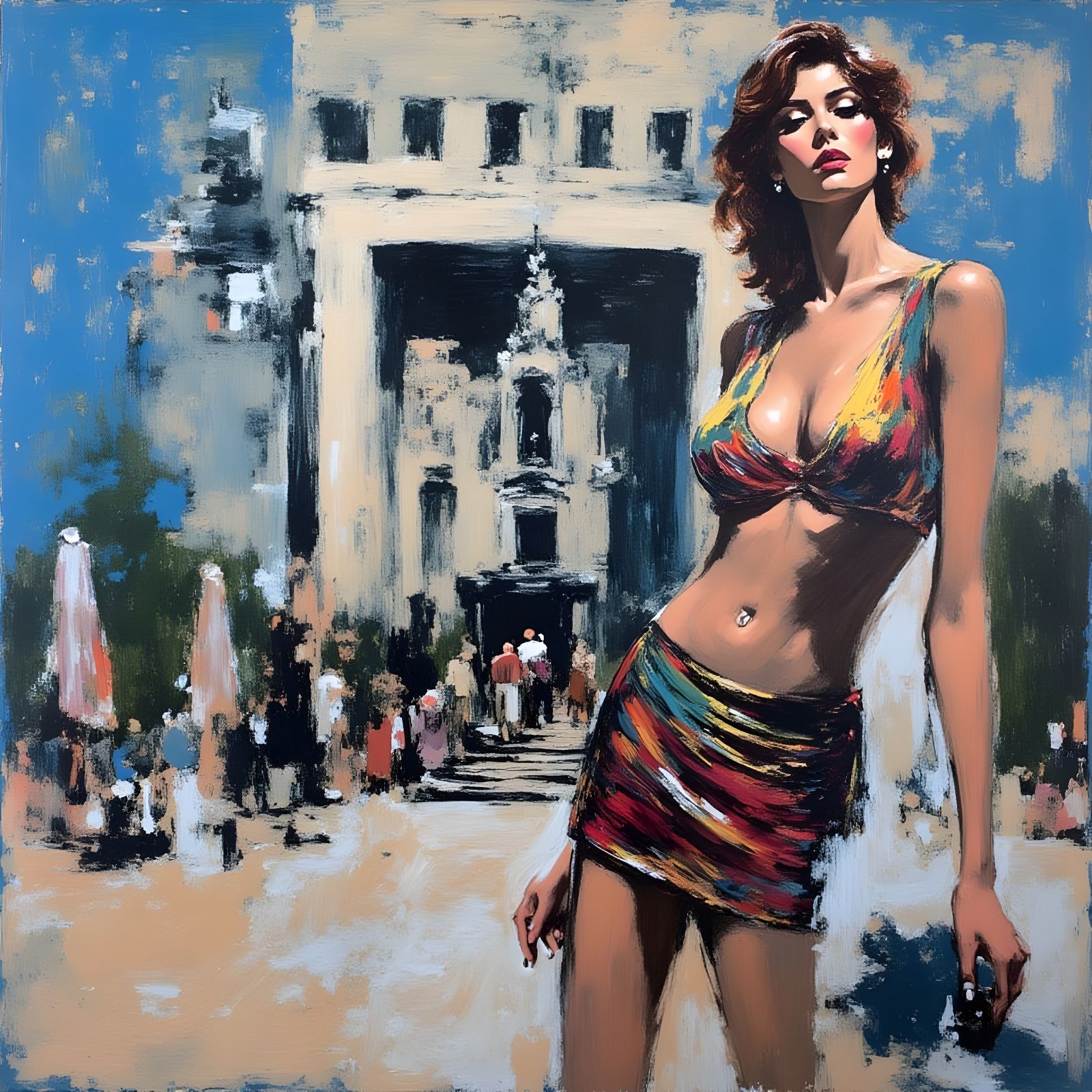 Abstract Expressionist Painting of Woman in Brutalist Style