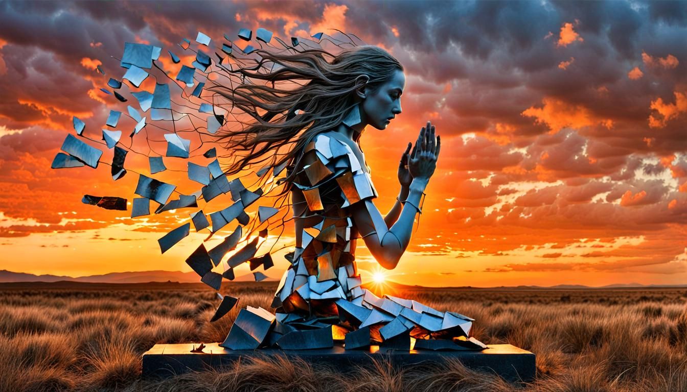 Surreal Sculpture of Woman at Sunset with Bio Art