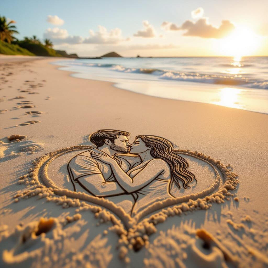 Romantic Beach Scene: Lovers Embrace in Sand Drawing