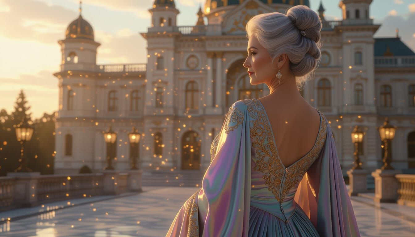 Regal Woman in Iridescent Gown at Golden Hour