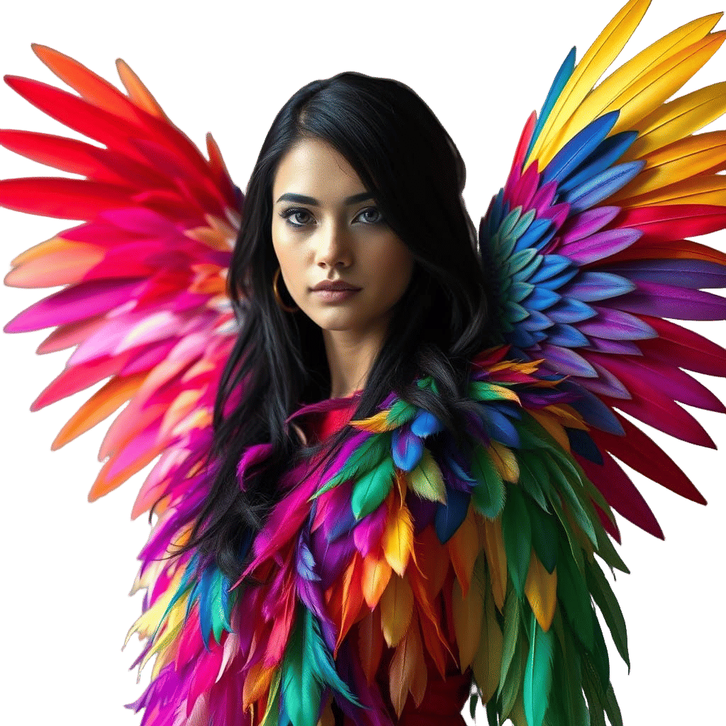 A Woman Adorned with Vibrant Feathers, Embodying Courage and...