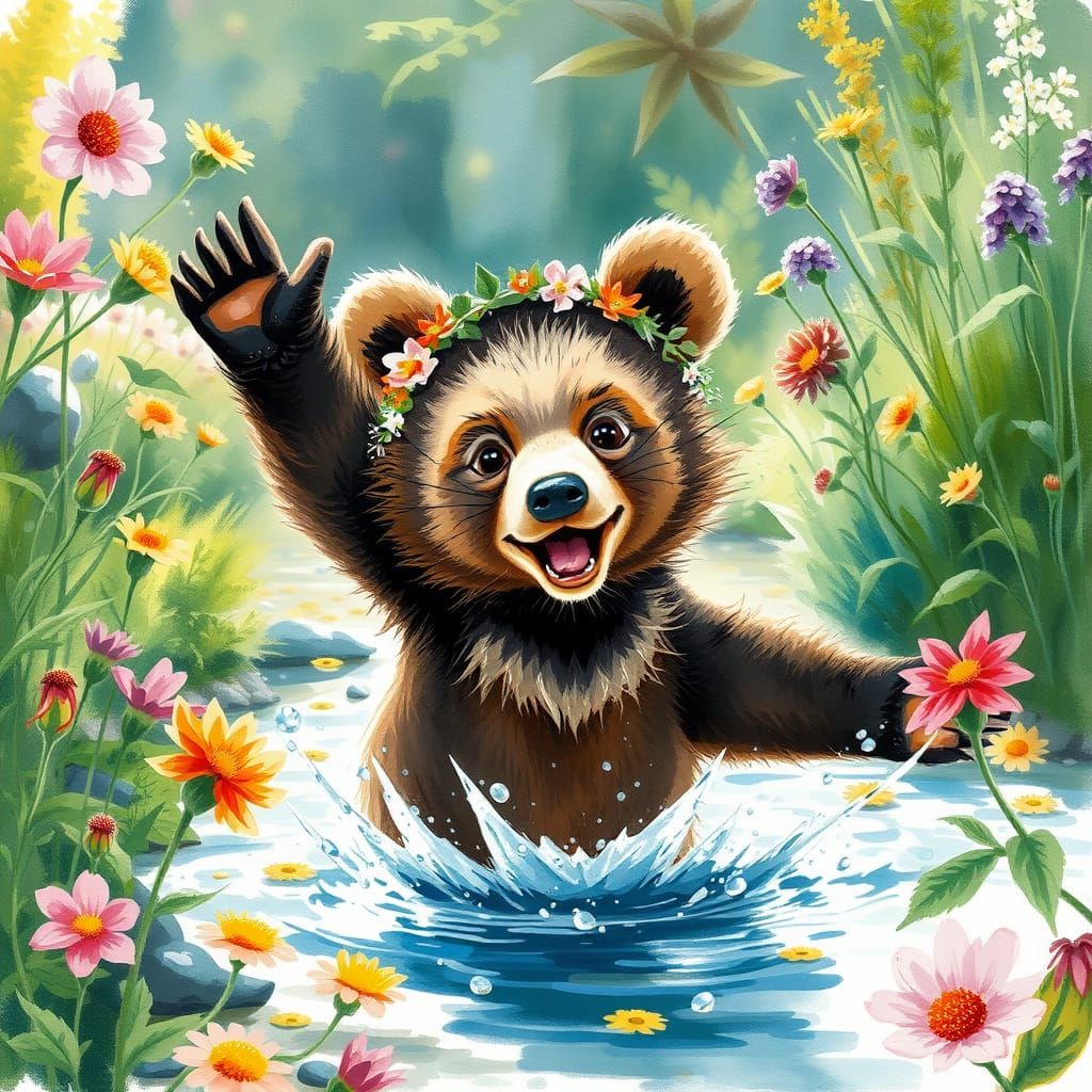 Whimsical Baby Bear Cub Plays in a Vibrant River Garden Scen...