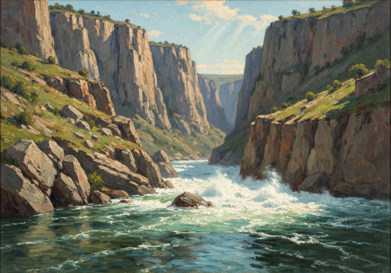 Wild River in Deep Canyon: Impasto Oil Painting