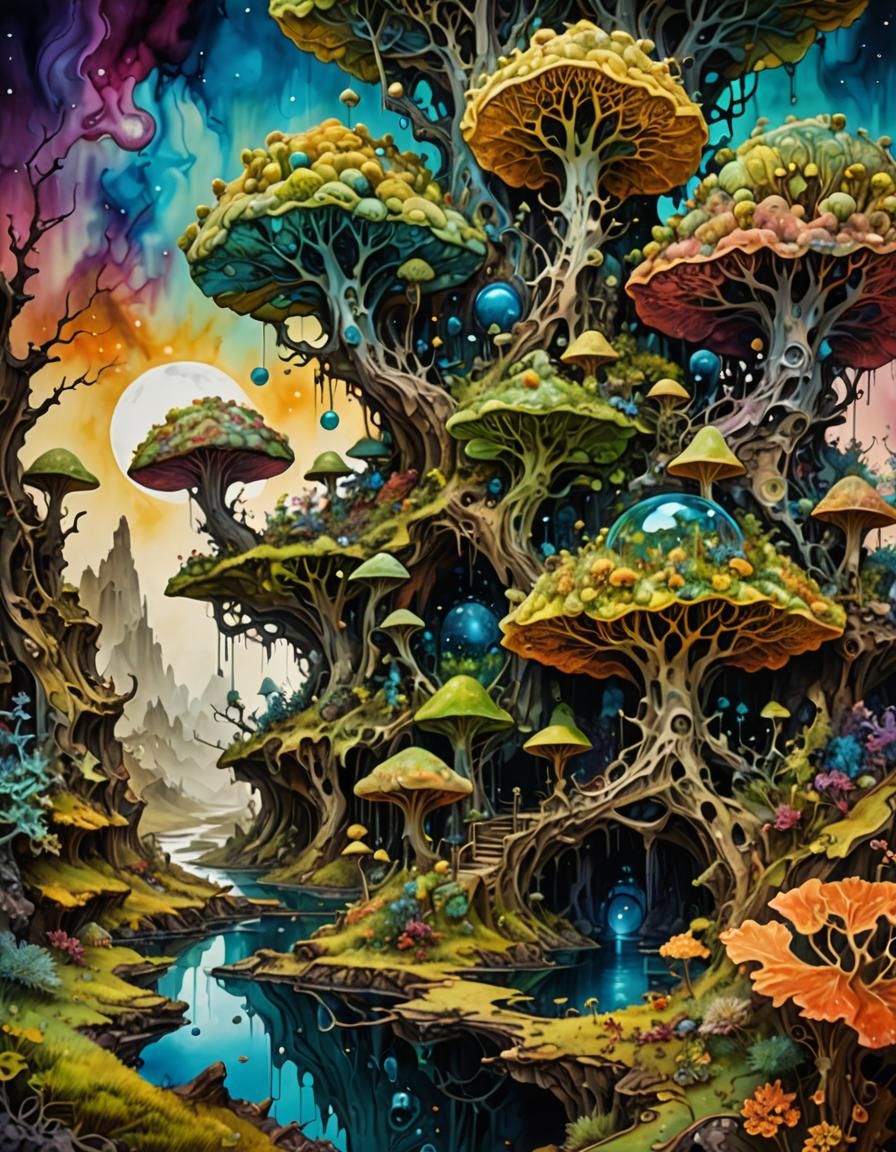 Surreal Mandelbulb Landscape in Alcohol Ink Style