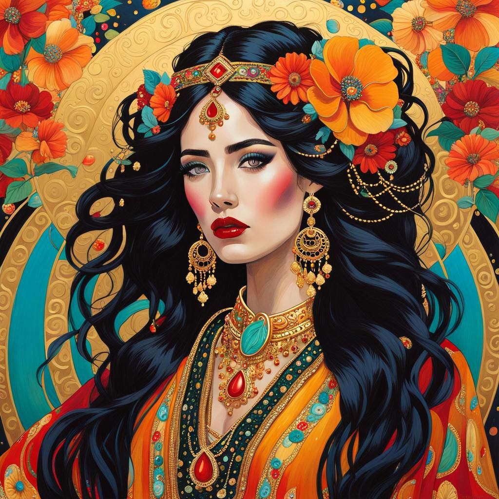 Klimt-Inspired Gypsy Portrait with Gold and Flowers