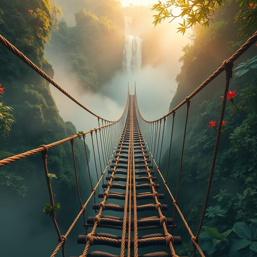 Mystical Rope Bridge in a Lush Jungle Paradise