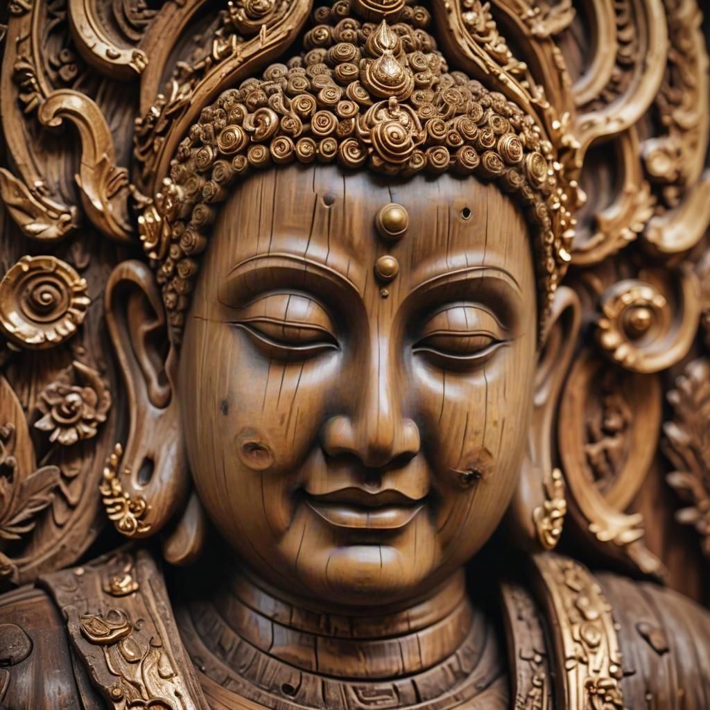 Intricately Carved Wooden Buddha with Pine Lattice