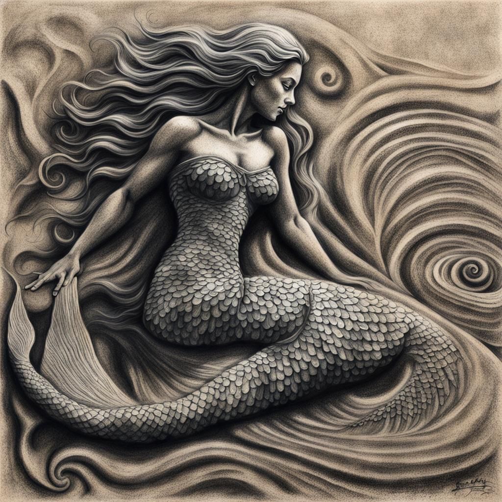 Hyperdetailed Charcoal Drawing of Sand Mermaid