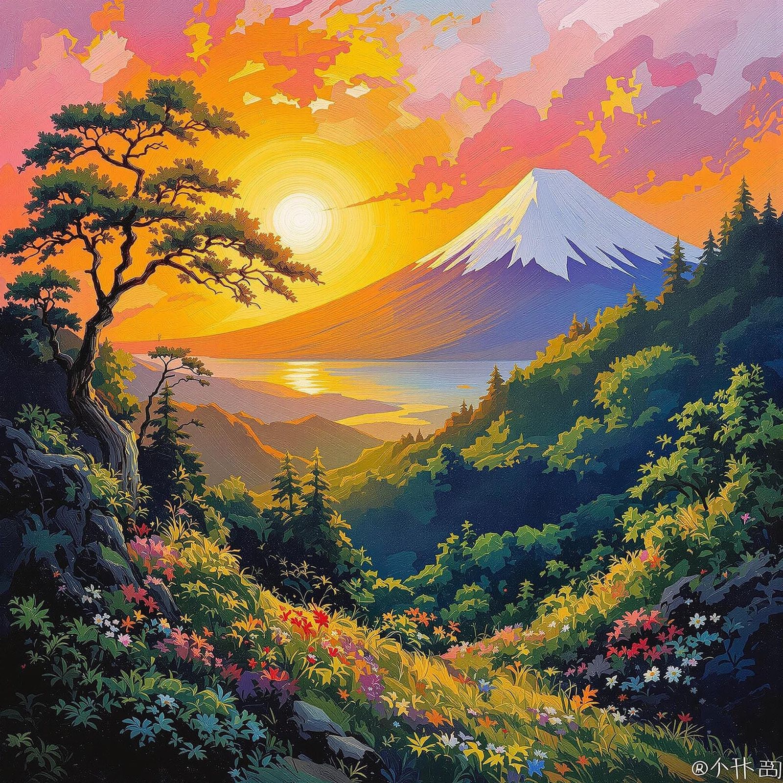 Japanese Landscape at Sunset in Impasto Oil Paint Style