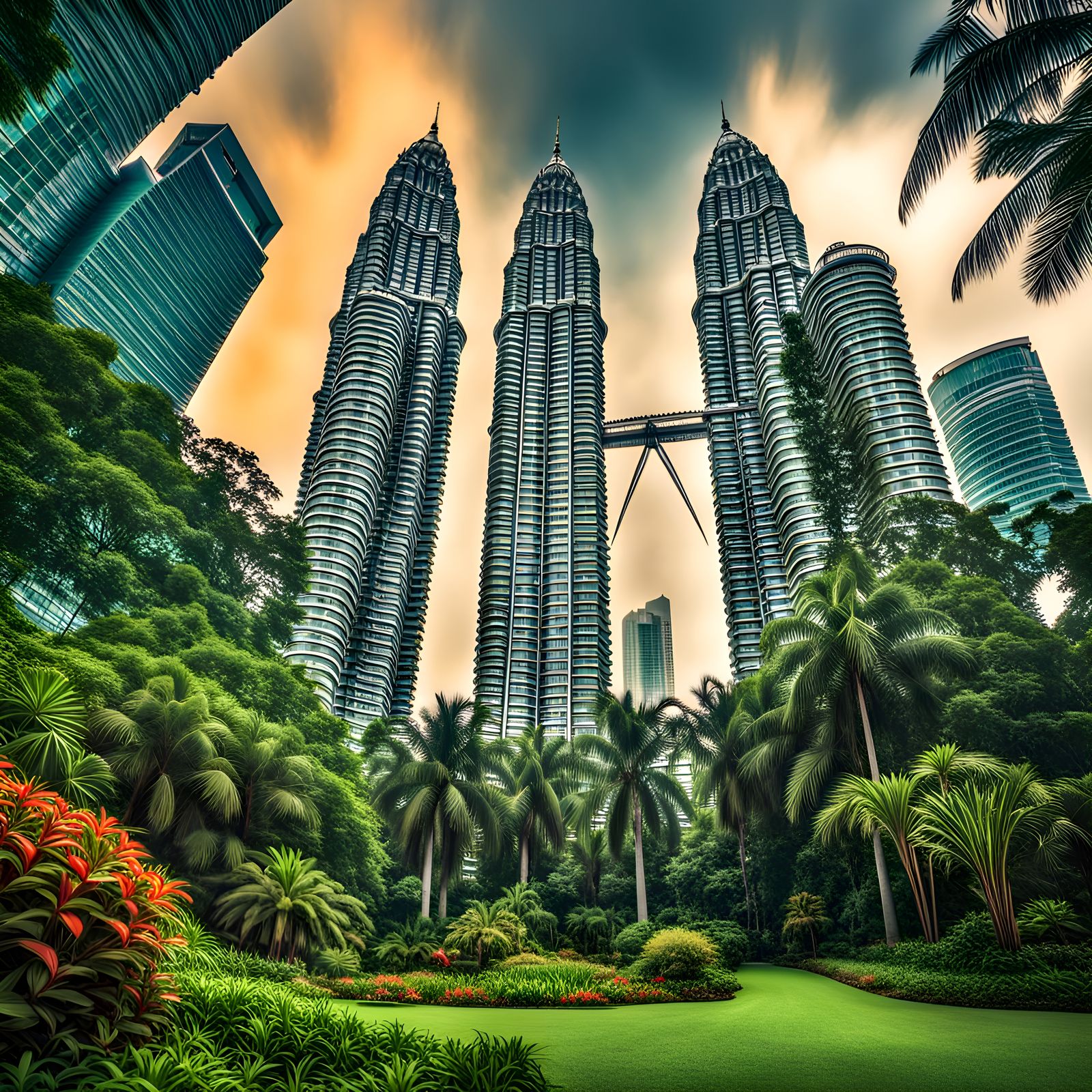Futuristic Petronas Towers in Lush Sci-Fi Garden