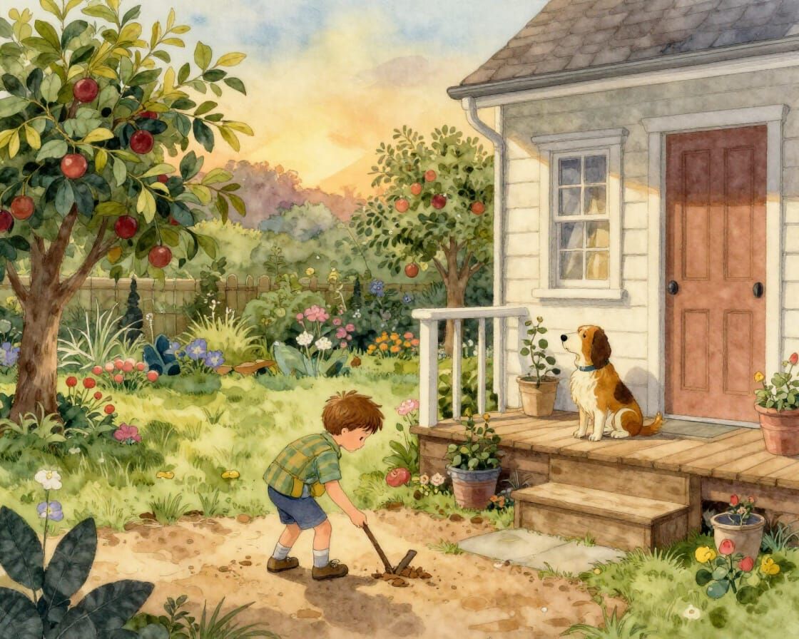 Boy and Dog on Deck in Warm Evening Light